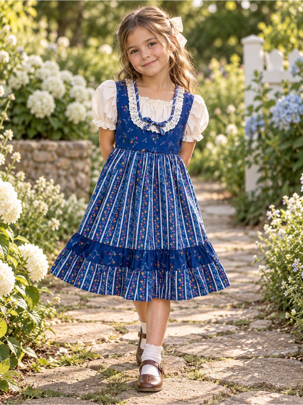 Vintage JCPenney Prairie Floral Dress Girls Size 6X Blue Lace